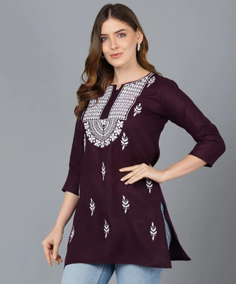 TOP N THREAD Women Chikan Embroidery, Embroidered, Self Design Straight Kurta(Purple)