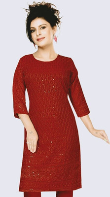 NMS Women Embellished Straight Kurta(Maroon)