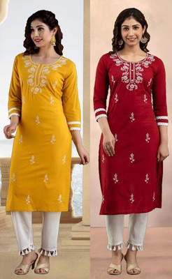SISTO Women Chikan Embroidery A-line Kurta(Yellow, Maroon)