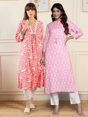 Indo Era Women Printed Anarkali Kurta(Red, Pink)