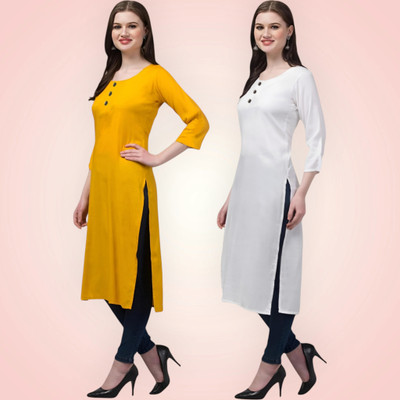 Coft Women Solid Straight Kurta(Yellow, White)