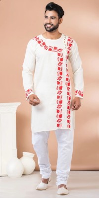 tant ghar Men Chikan Embroidery Trail Cut Kurta(White)