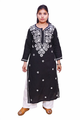 AHL Creation Women Chikan Embroidery A-line Kurta(Black)