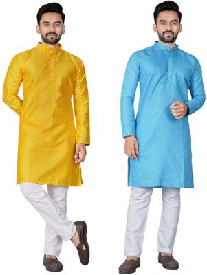 DHASU TRENDZ Men Solid Straight Kurta(Blue, Yellow)