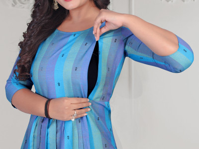Parastri Women Striped Flared Kurta(Blue)