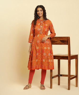 W Women Floral Print A-line Kurta(Orange)