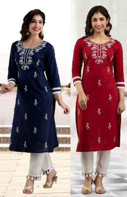 vikshi Women Chikan Embroidery A-line Kurta(Multicolor)