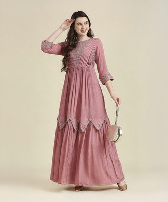 Madhuram Women Embroidered Gown Kurta(Pink)
