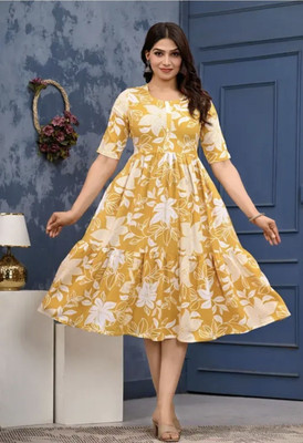 DKDAS Women Floral Print, Printed Anarkali Kurta(Yellow, White)