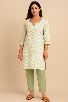 New Era Creation Women Block Print Straight Kurta(Green)