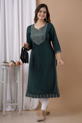 his&her Women Embroidered Straight Kurta(Dark Green)