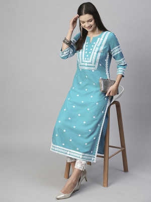 CELEUM Women Embroidered Straight Kurta(Light Blue)