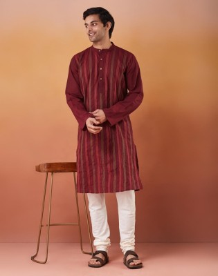 Fabindia Men Striped Straight Kurta(Maroon)