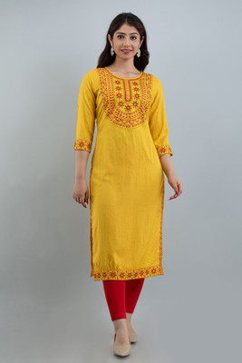 STYLE ANGEL Women Embroidered Straight Kurta(Yellow)