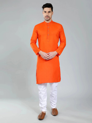 Rajababu Men Solid Straight Kurta(Orange)