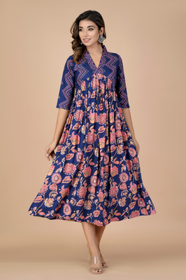 INDIANIC Women Fit and Flare Pink, Beige, Dark Blue Midi/Calf Length Dress