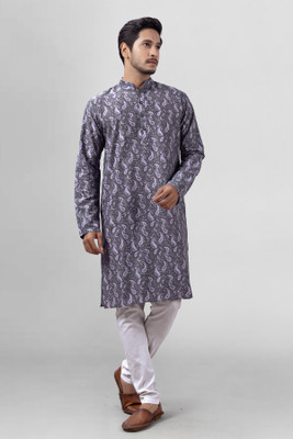 XEPON Men Printed Straight Kurta(Grey)