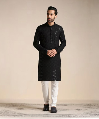 StyleVault Men Chikan Embroidery A-line Kurta(Black)