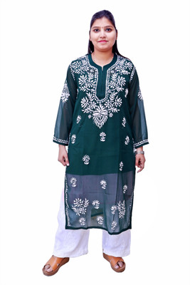 Unstop Women Chikan Embroidery Ethnic Dress Kurta(Dark Green)