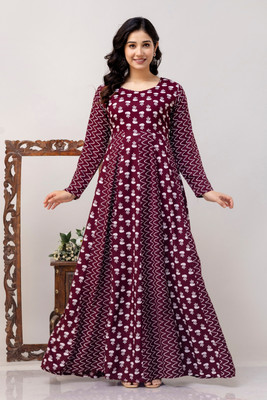 AAVRITTIQUEENS Women Printed Anarkali Kurta(Purple)