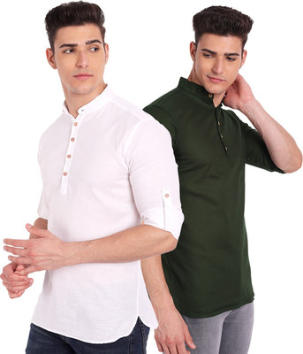 HouseOfCommon Men Solid A-line Kurta(Dark Green, White)
