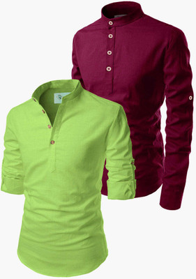 HOC's Men Solid Straight Kurta(Light Green, Maroon)