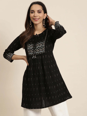 IKRASS Women Printed A-line Kurta(Black)