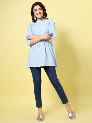 Anmi Striped Women Flared Kurta(Blue)