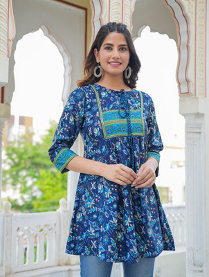 IKRASS Women Printed A-line Kurta(Blue)