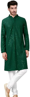 StyleVault Men Chikan Embroidery A-line Kurta(Green)