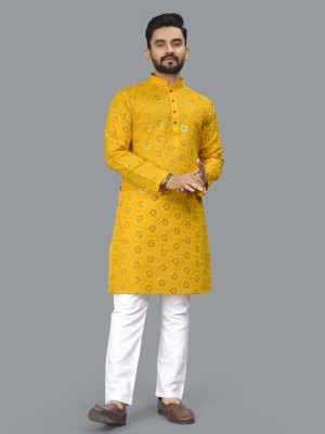 ZINKU FASHION Men Embroidered A-line Kurta(Yellow)