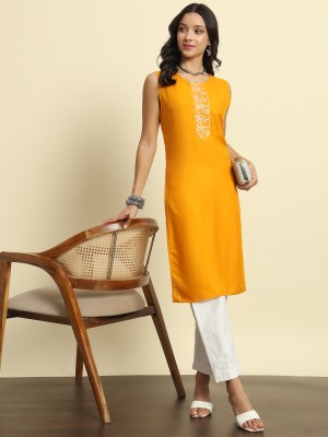 Surhi Women Embroidered Straight Kurta(Yellow)