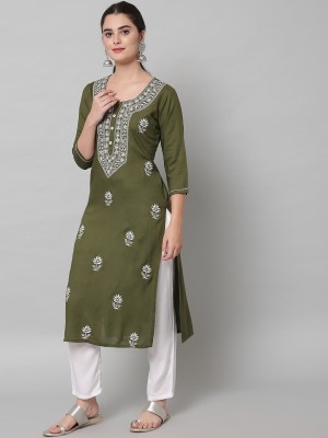 ANGITA Women Chikan Embroidery A-line Kurta(Green)