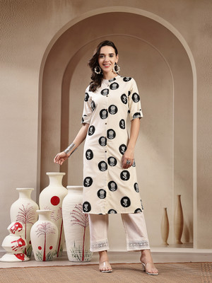 Stylum Women Printed A-line Kurta(White, Beige)
