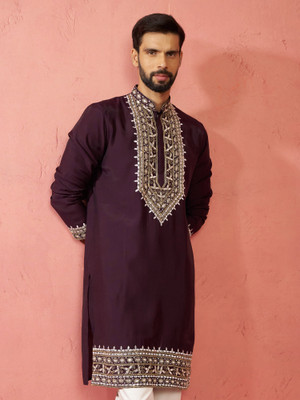 VASTRAMAY Men Embroidered Straight Kurta(Purple)