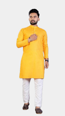 HouseOfCommon Men Solid A-line Kurta(Yellow)