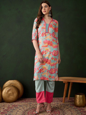Sangria Women Printed Straight Kurta(Green)