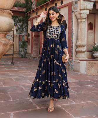 Gulmohar Jaipur Women Printed Flared Kurta(Dark Blue)