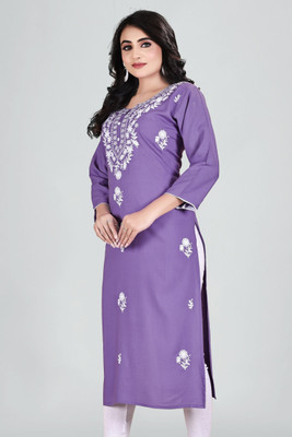 GOKUL TRENDZ Women Chikan Embroidery Straight Kurta(Purple)