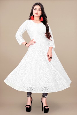 Lakshya Fashion Mart Women Self Design Anarkali Kurta(White)