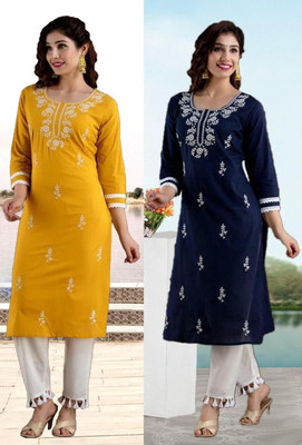 vikshi Women Chikan Embroidery Straight Kurta(Blue, Yellow)