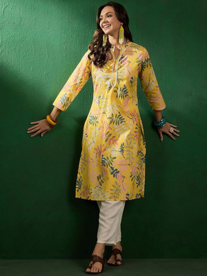 Sangria Women Floral Print Straight Kurta(Yellow)