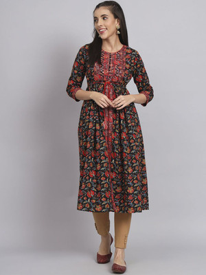 ANOUK Women Printed Anarkali Kurta(Black)