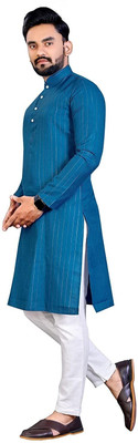 JENJEE Men Striped Straight Kurta(Blue)