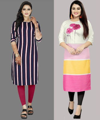 tanvi creation Women Striped Straight Kurta(White, Purple)