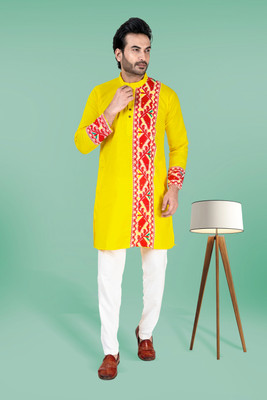 Ashoka Men Self Design Straight Kurta(Yellow)