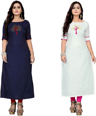 Fentin Enterprise Women Patchwork Straight Kurta(Dark Blue, White)