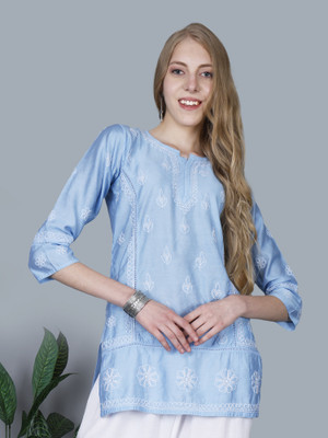 The Chikankari Story Women Chikan Embroidery Straight Kurta(Blue)
