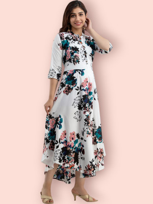 mk creation Women Printed Anarkali Kurta(White)