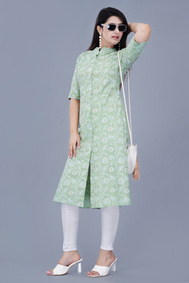 PRADHRUHE Women Abstract Frontslit Kurta(Green)